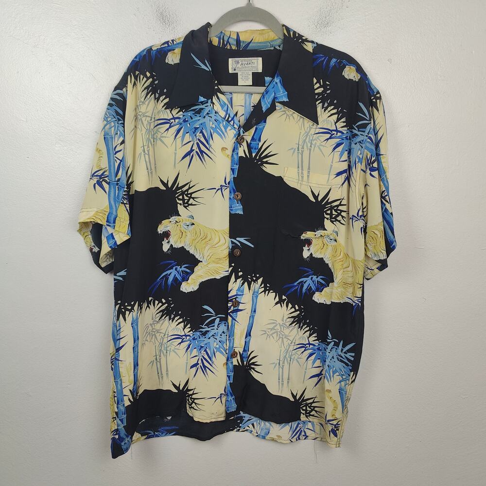 Vintage‎ Avanti Silk Hawaiian Shirt Mens Large Tiger Bamboo AOP Print Floral